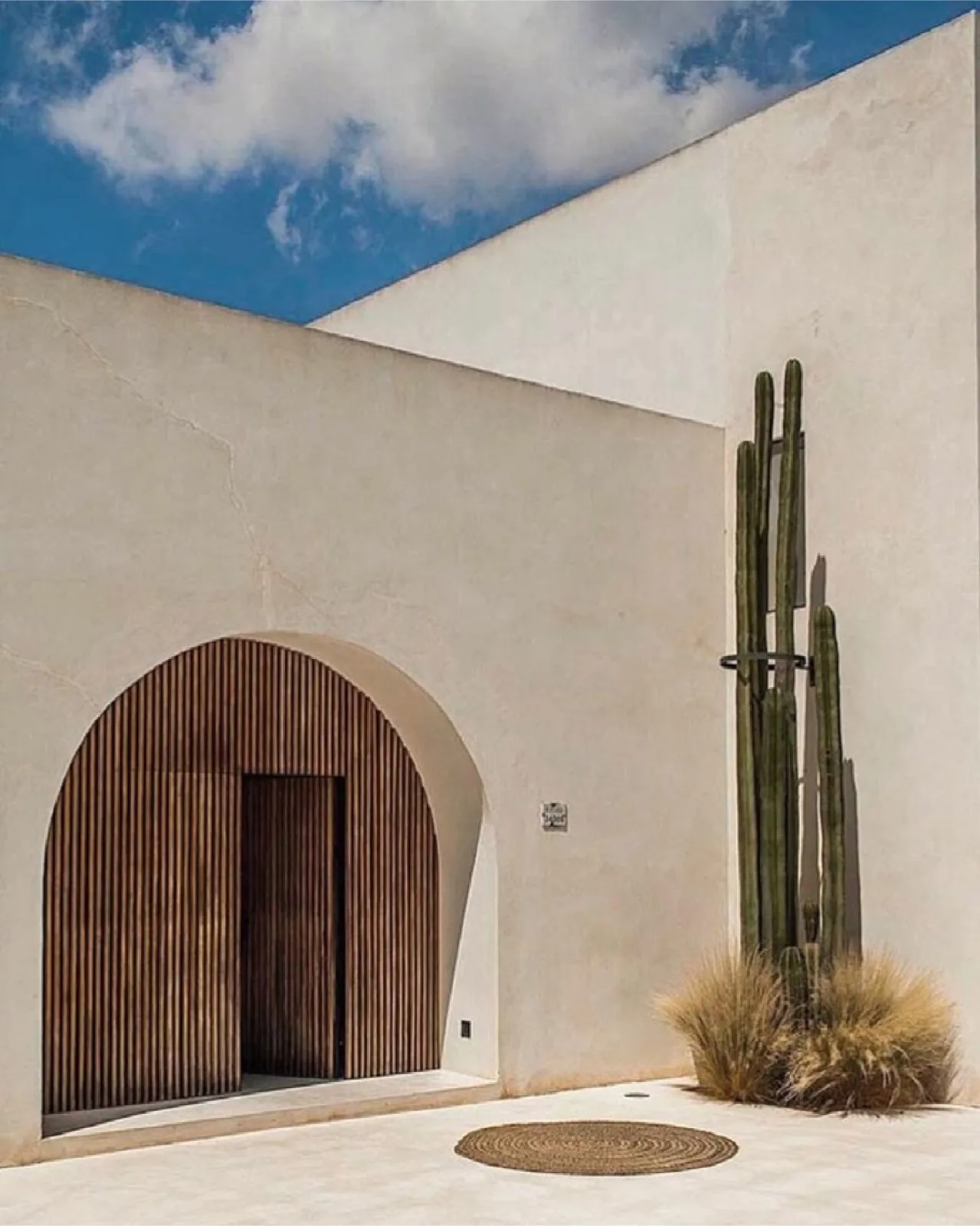 Fachada blanca con puerta de madera en arco y cactus
